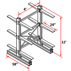 Cantilever Rack Double Sided Starter - 12'H x 4'W - (12) 24" Arms 4,100 lb. Cap. ea.