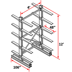 Cantilever Rack Double Sided Starter - 12'H x 4'W - (20) 48" Arms 2,000 lb. Cap. ea.