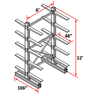 Cantilever Rack Double Sided Starter - 12'H x 6'W - (20) 48" Arms 2,000 lb. Cap. ea.