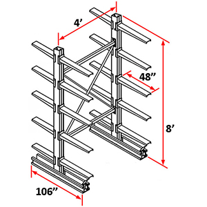 Cantilever Rack Double Sided Starter - 8'H x 4'W - (20) 48" Arms 2,000 lb. Cap. ea.