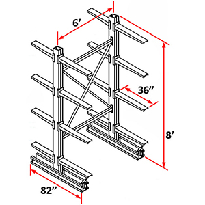 Cantilever Rack Double Sided Starter - 8'H x 6'W - (16) 36" Arms 2,750 lb. Cap. ea.