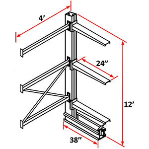 Cantilever Rack Single Sided Adder - 12'H x 4'W - (3) 24" Arms 4,100 lb. Cap. ea.