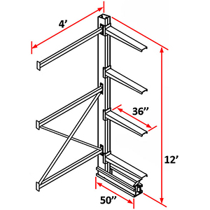 Cantilever Rack Single Sided Adder - 12'H x 4'W - (4) 36" Arms 2,750 lb. Cap. ea.