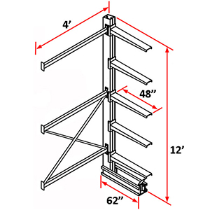 Cantilever Rack Single Sided Adder - 12'H x 4'W - (5) 48" Arms 2,000 lb. Cap. ea.