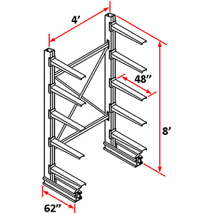 Cantilever Rack Single Sided Starter - 8'H x 4'W - (10) 48" Arms 2,000 lb. Cap. ea.