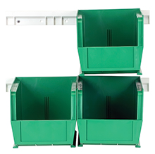 Hanging Bin Rail System: 10-7/8 x 5-1/2 x 5 with 4 bins & 2 rails