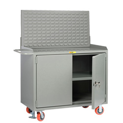 Mobile Workbench Cabinet - 24" x 48", Center Shelf, Steel Top, Louvered Panel, Cabinet Doors