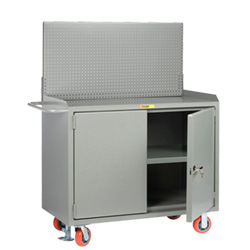Mobile Workbench Cabinet - 24" x 48", Center Shelf, Steel Top, Pegboard Panel, Cabinet Doors