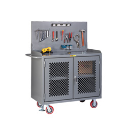 Mobile Workbench Cabinet - 24" x 48", Center Shelf, Steel Top, Pegboard Panel, Perforated Cabinet Doors
