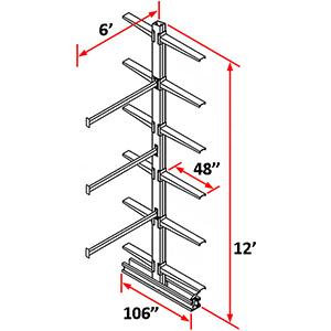 Cantilever Rack Double Sided Adder - 12'H x 6'W - (12) 48" Arms 1,000 lb. Cap. ea.
