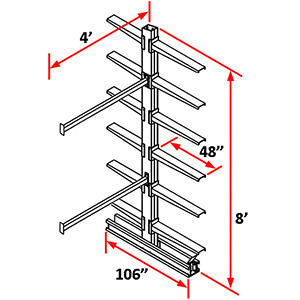 Cantilever Rack Double Sided Adder - 8'H x 4'W - (12) 48" Arms 1,000 lb. Cap. ea.