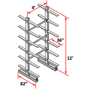 Cantilever Rack Double Sided Starter - 12'H x 4'W - (24) 36" Arms 1,200 lb. Cap. ea.