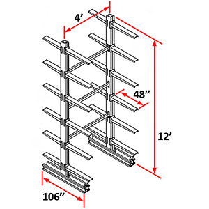 Cantilever Rack Double Sided Starter - 12'H x 4'W - (24) 48" Arms 1,000 lb. Cap. ea.