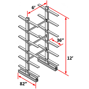 Cantilever Rack Double Sided Starter - 12'H x 6'W - (24) 36" Arms 1,200 lb. Cap. ea.