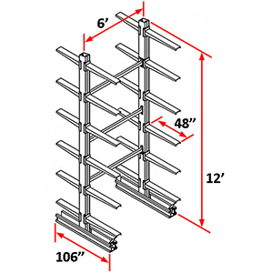 Cantilever Rack Double Sided Starter - 12'H x 6'W - (24) 48" Arms 1,000 lb. Cap. ea.