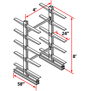 Cantilever Rack Double Sided Starter - 8'H x 4'W - (20) 24" Arms 2,000 lb. Cap. ea.
