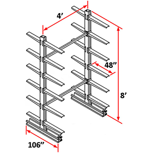 Cantilever Rack Double Sided Starter - 8'H x 4'W - (24) 48" Arms 1,000 lb. Cap. ea.