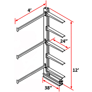 Cantilever Rack Single Sided Adder - 12'H x 4'W - (5) 24" Arms 2,000 lb. Cap. ea.