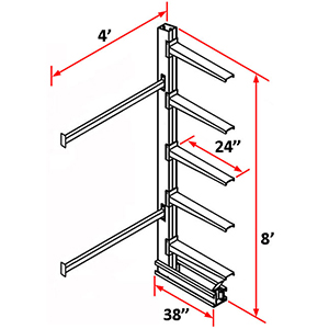Cantilever Rack Single Sided Adder - 8'H x 4'W - (5) 24" Arms 2,000 lb. Cap. ea.