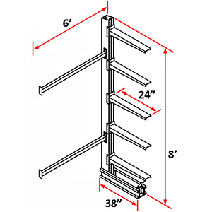 Cantilever Rack Single Sided Adder - 8'H x 6'W - (5) 24" Arms 2,000 lb. Cap. ea.