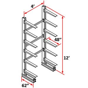 Cantilever Rack Single Sided Starter - 12'H x 4'W - (12) 48" Arms 1,000 lb. Cap. ea.