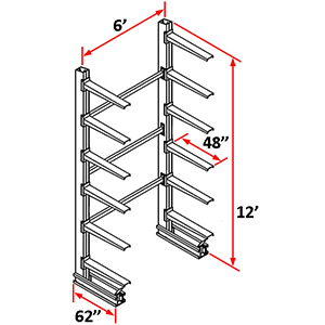 Cantilever Rack Single Sided Starter - 12'H x 6'W - (12) 48" Arms 1,000 lb. Cap. ea.