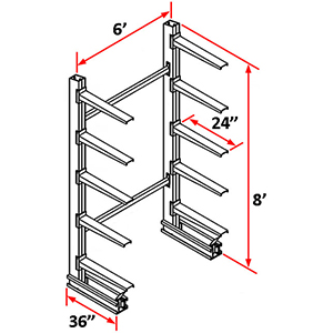 Cantilever Rack Single Sided Starter - 8'H x 6'W - (10) 24" Arms 2,000 lb. Cap. ea.