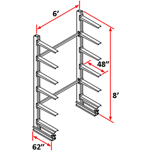 Cantilever Rack Single Sided Starter - 8'H x 6'W - (12) 48" Arms 1,000 lb. Cap. ea.