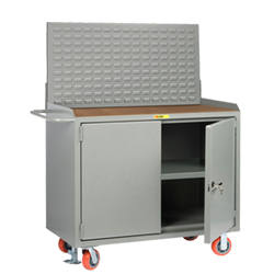 Mobile Workbench Cabinet - 24" x 48", Center Shelf, Hardboard Top, Louvered Panel, Cabinet Doors
