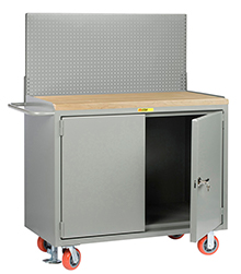 Mobile Workbench Cabinet - 24" x 48", Butcher Block Top, Pegboard Panel, Cabinet Doors