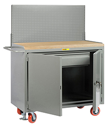 Mobile Workbench Cabinet - 24" x 48", 1 Drawer, Butcher Block Top, Pegboard Panel, Cabinet Doors