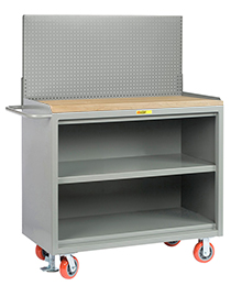 Mobile Workbench Cabinet - 24" x 48", Center Shelf, Butcher Block Top, Pegboard Panel