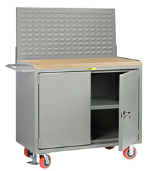 Mobile Workbench Cabinet - 24" x 48", Center Shelf, Butcher Block Top, Louvered Panel, Cabinet Doors