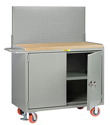 Mobile Workbench Cabinet - 24" x 48", Center Shelf, Butcher Block Top, Pegboard Panel, Cabinet Doors