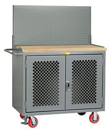 Mobile Workbench Cabinet - 24" x 48", Butcher Block Top, Pegboard Panel, Perforated Cabinet Doors