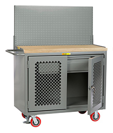 Mobile Workbench Cabinet - 24" x 48", 1 Drawer, Butcher Block Top, Pegboard Panel, Perforated Cabinet Doors