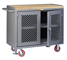 Mobile Workbench Cabinet - 24" x 48", Center Shelf, Butcher Block Top, Perforated Cabinet Doors