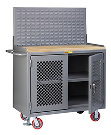 Mobile Workbench Cabinet - 24" x 48", Center Shelf, Butcher Block Top, Louvered Panel, Perforated Cabinet Doors