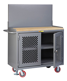 Mobile Workbench Cabinet - 24" x 48", Center Shelf, Butcher Block Top, Pegboard Panel, Perforated Cabinet Doors