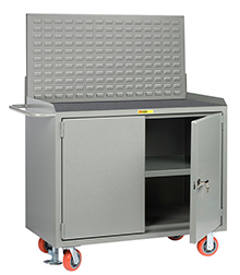Mobile Workbench Cabinet - 24" x 48", Center Shelf, Non-Slip Vinyl Top, Louvered Panel, Cabinet Doors