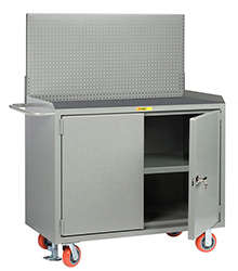 Mobile Workbench Cabinet - 24" x 48", Center Shelf, Non-Slip Vinyl Top, Pegboard Panel, Cabinet Doors