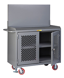 Mobile Workbench Cabinet - 24" x 48", Center Shelf, Non-Slip Vinyl Top, Pegboard Panel, Perforated Cabinet Doors