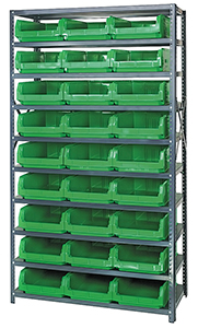 18d x 42w x 75h Metal Shelving w/ 10 Shelves & 27 Hopper Bins