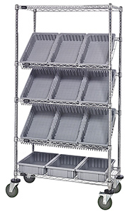 Mobile Slanted Wire Shelving - 36"L x 18"W x 63"H with Twelve 16-1/2" x 10-7/8" x 3-1/2" bins