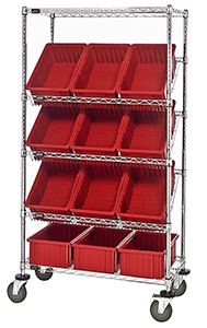 Mobile Slanted Wire Shelving - 36"L x 18"W x 63"H with Twelve 16-1/2" x 10-7/8" x 6" bins