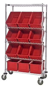 Mobile Slanted Wire Shelving - 36"L x 18"W x 63"H with Twelve 16-1/2" x 10-7/8" x 8" bins