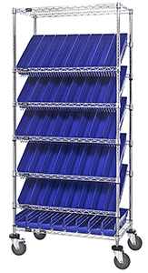 Mobile Slanted Wire Shelving - 36"L x 18"W x 74"H with Forty-Eight 16-1/2" x 4-1/8" x 4" bins