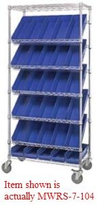 Mobile Slanted Wire Shelving - 36"L x 18"W x 74"H with Eighteen 17-7/8" x 11-3/8" x 4" bins