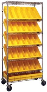Mobile Slanted Wire Shelving - 36"L x 18"W x 74"H with Thirty-Six 17-7/8" x 5-9/16" x 4-5/8" bins