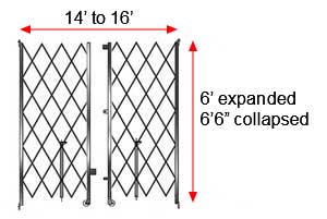 Retractable Folding Gate, Double, 14' - 16' W, 6' 6" Collapsed Ht, 6' Expanded Ht